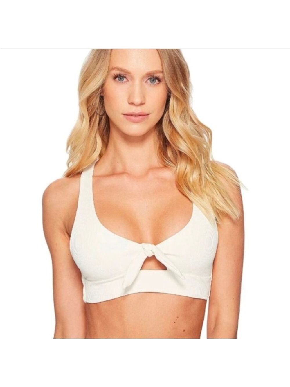 L*Space Tara Bikini Top Medium White Ribbed Knot Front Racerback NWT